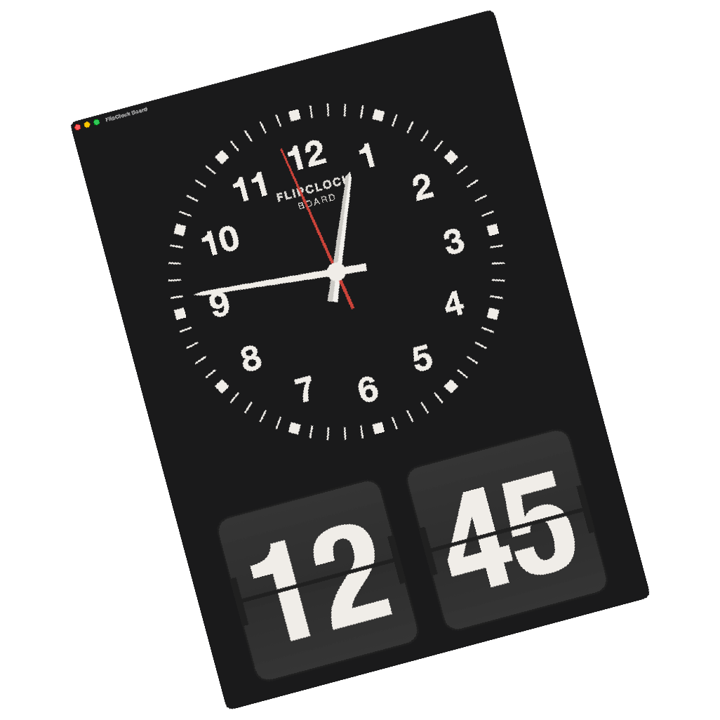 A FlipClock Board layout with flip cards and an analog clock